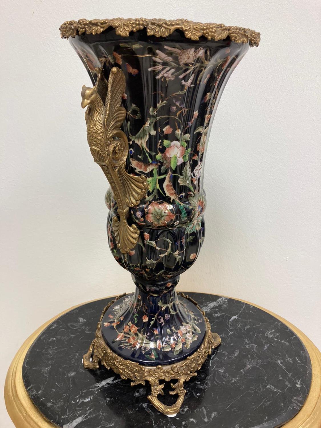 Pair of Gilded Bronze & Black Floral Porcelain Vases - Image 2 of 3