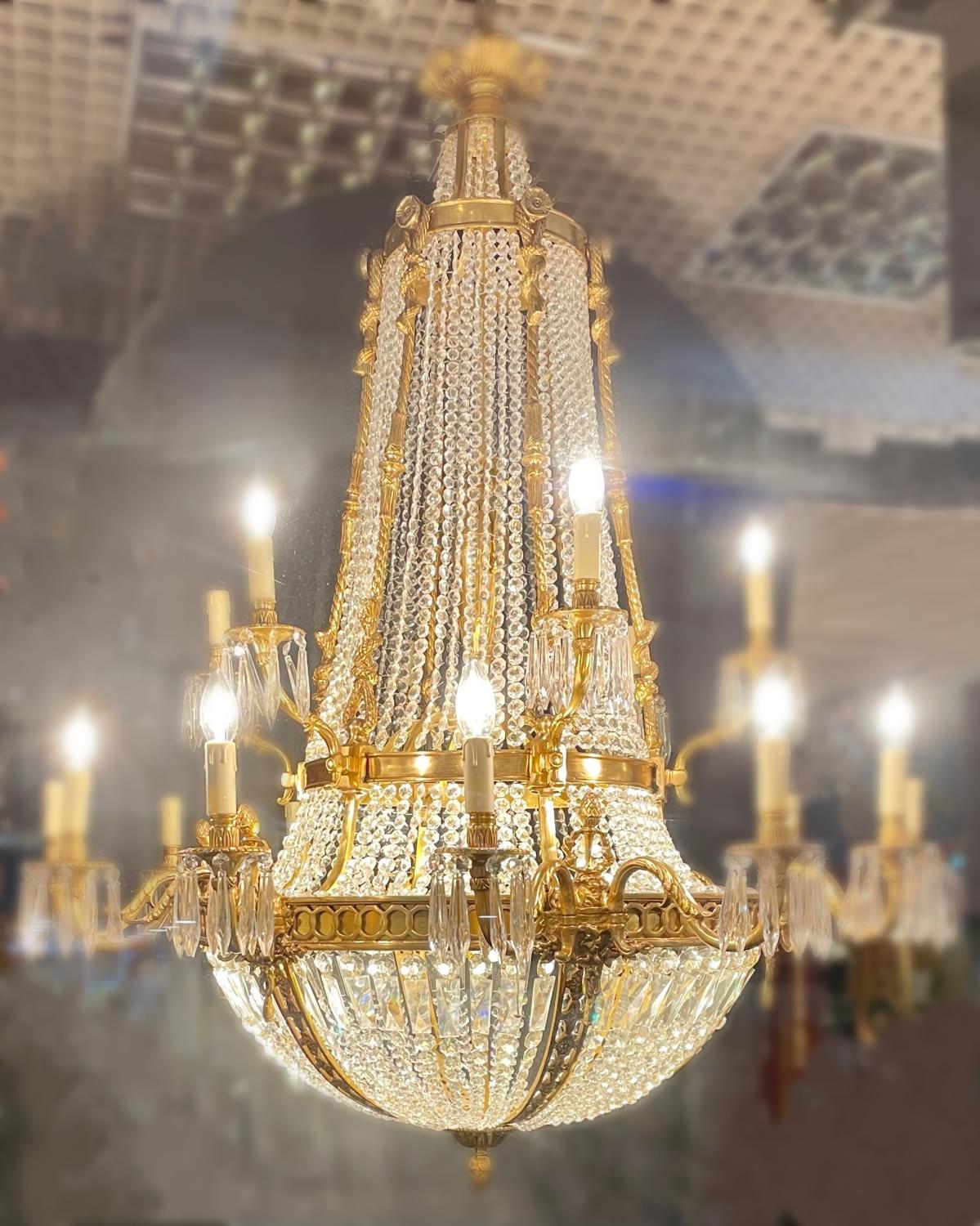 Large Sac de Pearls Chandelier with two tier Gilted Bronze Candleabras