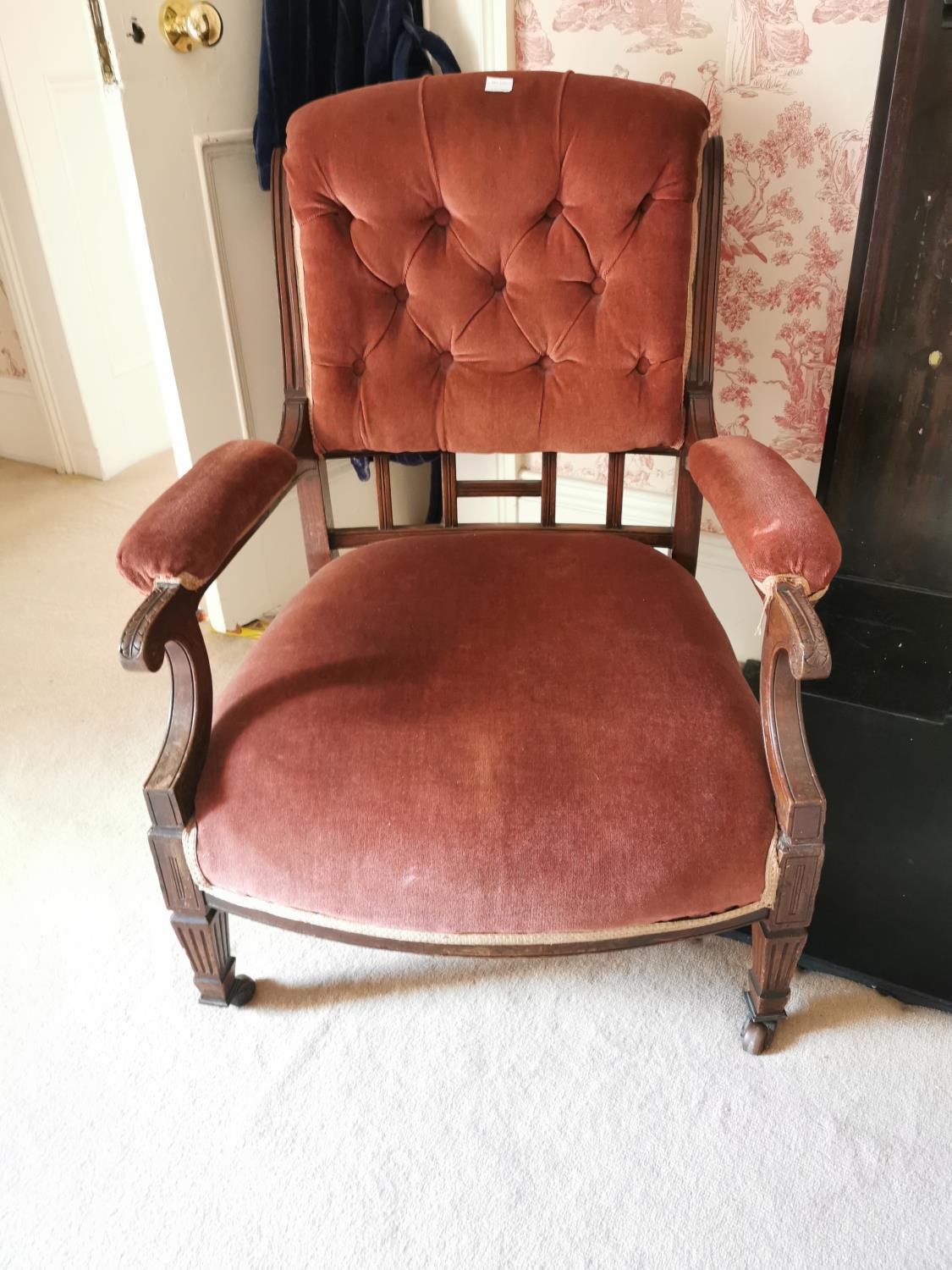 Late 19th. Upholstered mahogany ladies open armchair. - Image 2 of 2