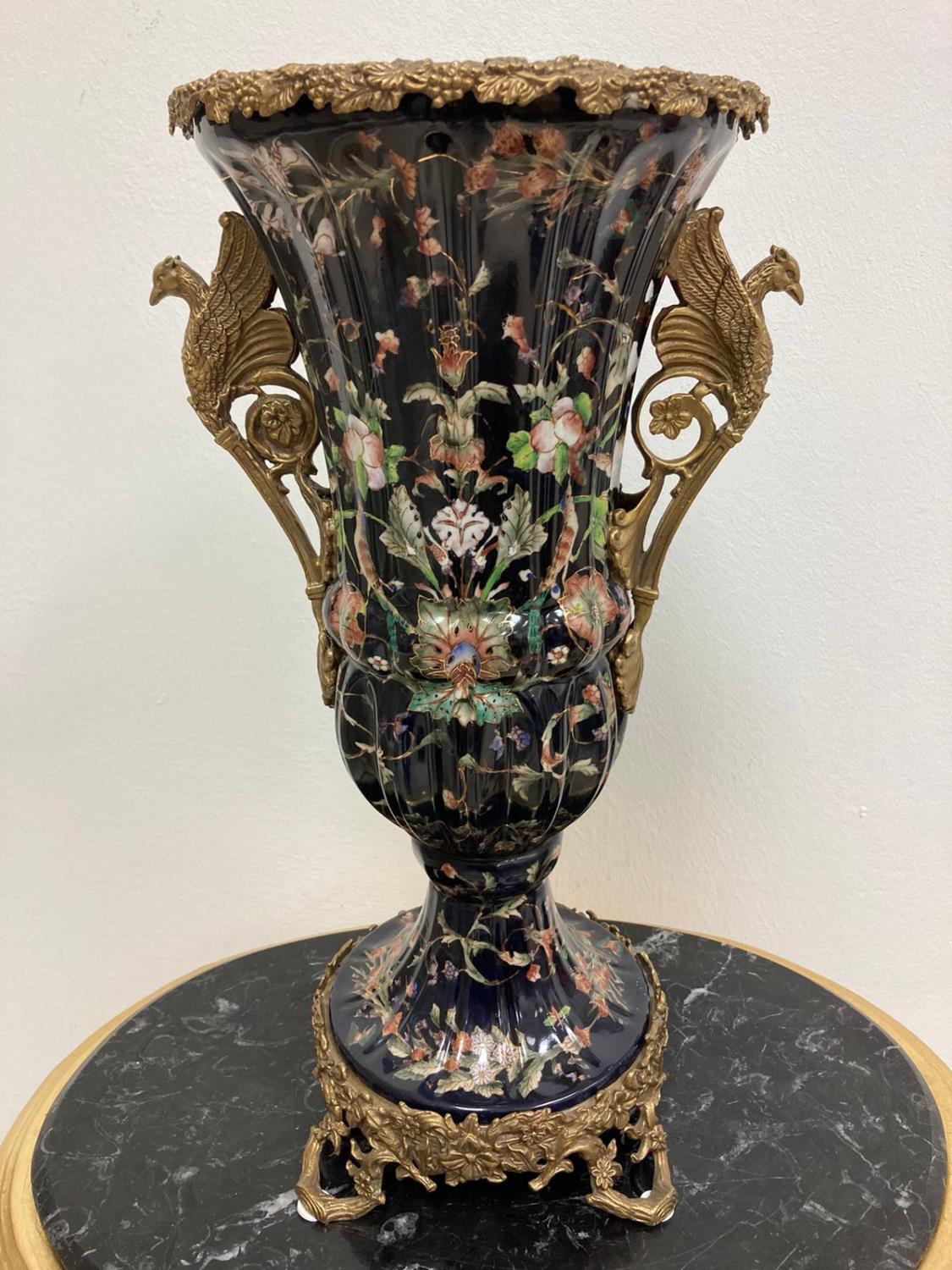 Pair of Gilded Bronze & Black Floral Porcelain Vases