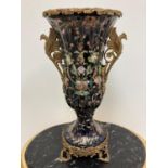 Pair of Gilded Bronze & Black Floral Porcelain Vases