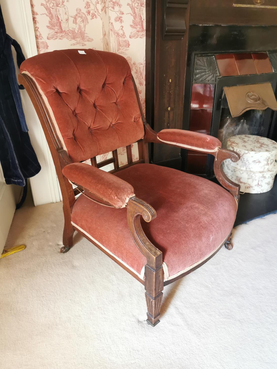 Late 19th. Upholstered mahogany ladies open armchair.