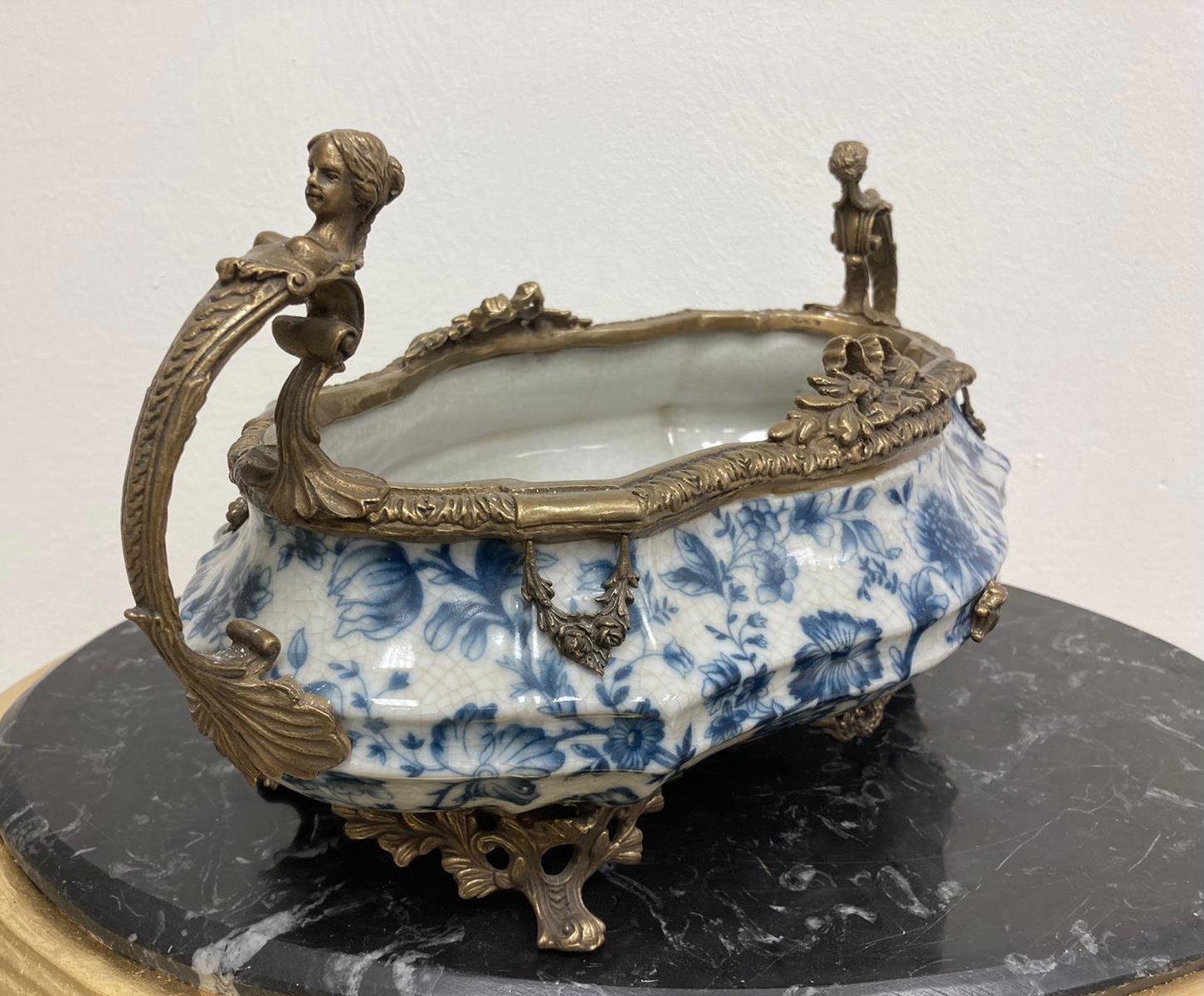 Gilt Bronze and Blue and White Dish with Brass handles. {22 cm H x 47 cm Wx 22 cm D}. - Image 2 of 3