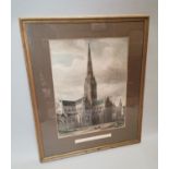 19th C. framed coloured print of Salisbury Cathedral