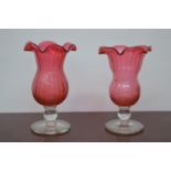 Pair ruby and clear glass vases.