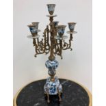 Pair of Gilted Bronze & Blue and White Candleabra.