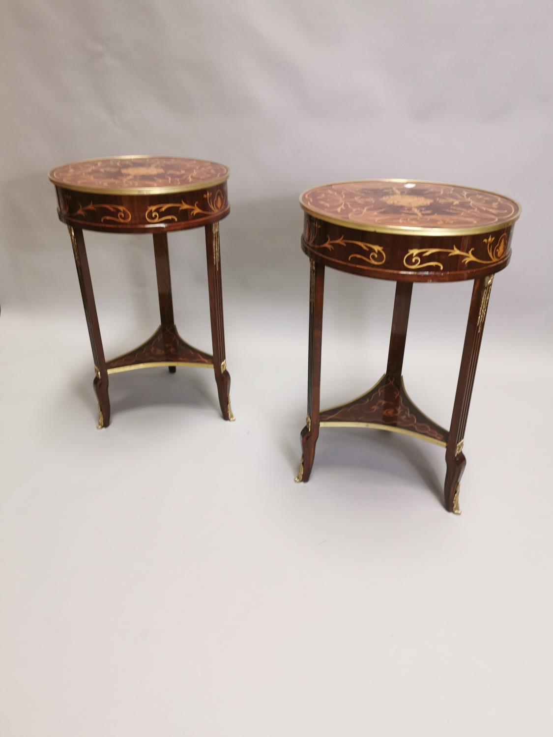 Pair of brass bound kingwood lamp tables