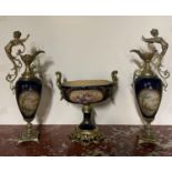 Gilded Bronze and Blue Sevres Porcelain Vase and Bowl Design Trio.