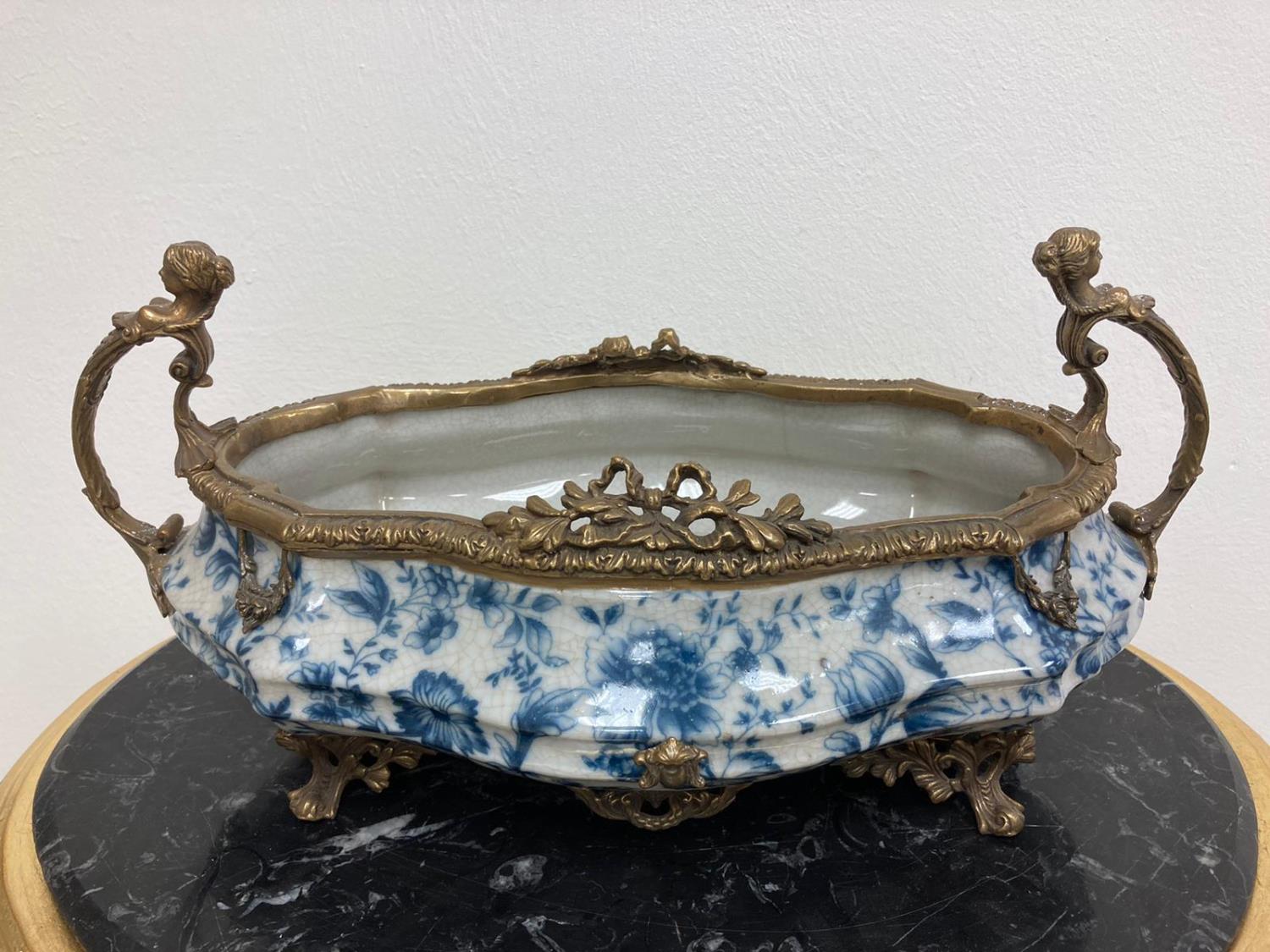 Gilt Bronze and Blue and White Dish with Brass handles. {22 cm H x 47 cm Wx 22 cm D}.