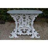 Cast iron garden table marble top in the Coalbrookdale style. 90W 75H 36D