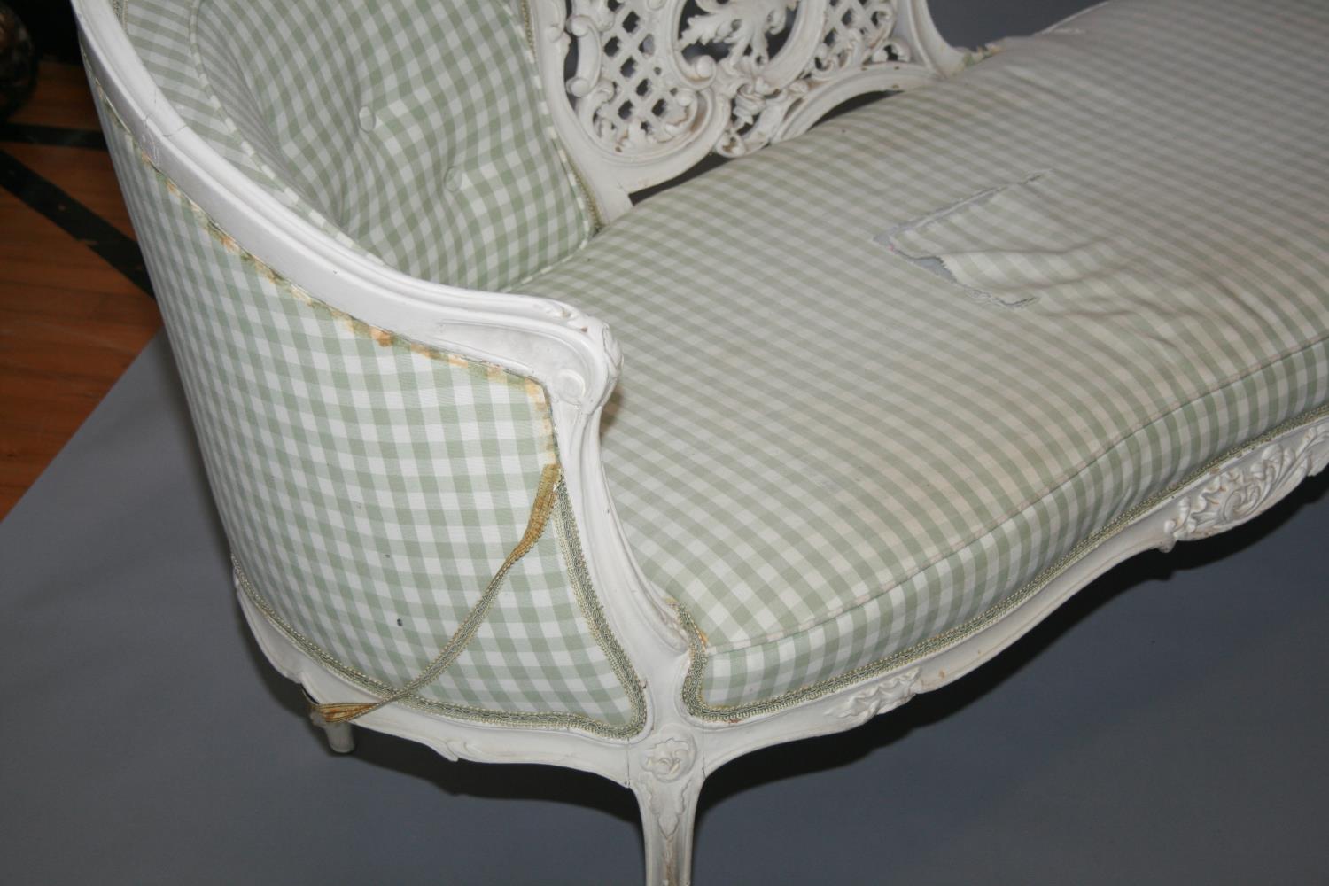 Antique painted French style chaise longue and upholstered top centre stool 150 W x 80 H x 60 D - Image 3 of 3