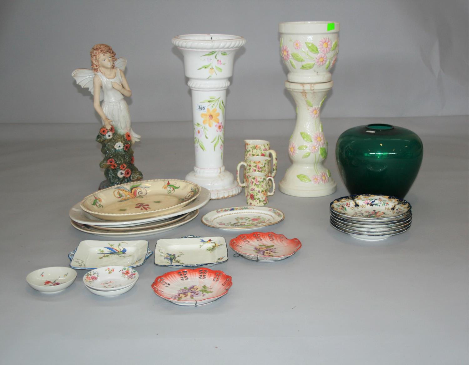 Ceramic jardinière on stand, ceramic fairy, large green glass bowl, collection of platters and 40 - Image 2 of 3