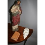 Plaster figure of Our Lord and Belleek holy water font and leather bound daily missal.
