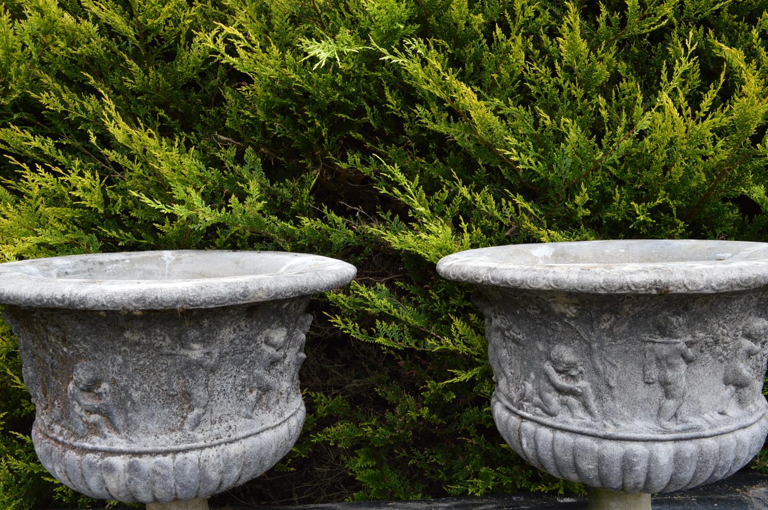 Pair of sandstone planters with figural decoration on circular bases 77W 69H - Image 5 of 6