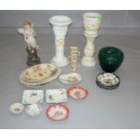 Ceramic jardinière on stand, ceramic fairy, large green glass bowl, collection of platters and 40