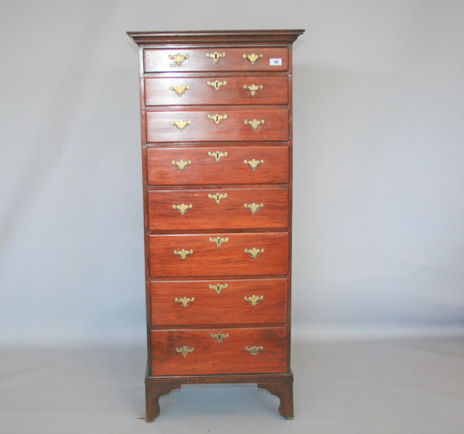 Fine Irish Georgian mahogany tall-boy chest of 8 graduated drawers standing on bracket feet 70 W x