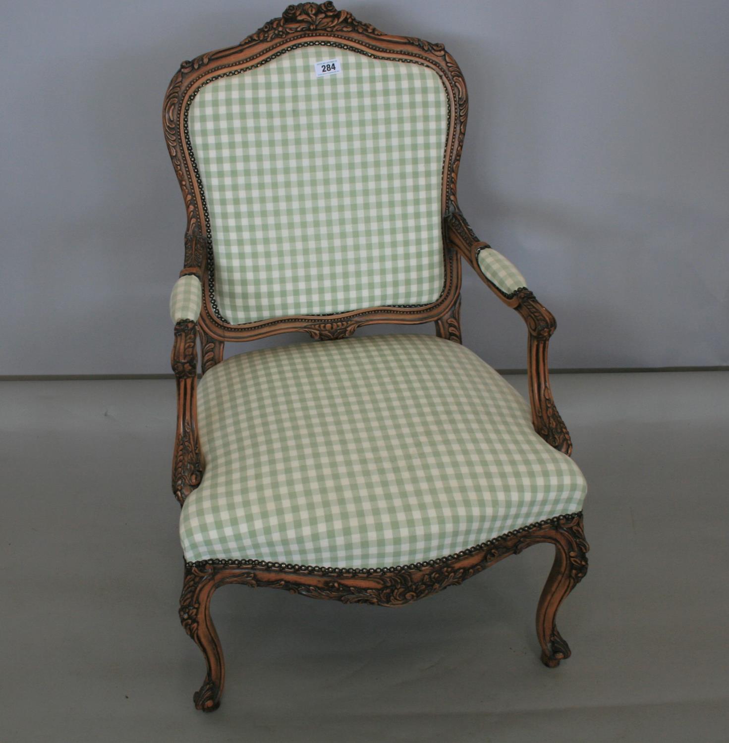 French carved wood and upholstered arm chair 70W x 100H x 65D