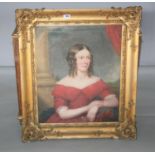 Fine late Victorian portrait of a seated young lady in decorative gilt frame. 87W x 99H x 11D