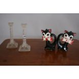 Pair of stamper Regency style glass candle sticks (11W x 26H) and a pair kitsch cats.