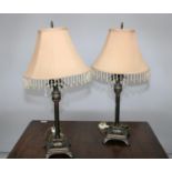 Pair of painted lamps complete with crystal droplets with shades. 17W x 75H