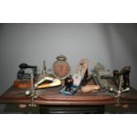 Everitt's trouser press, vintage alarm clock, 2 wood plains, table mounted grinder, vintage paper