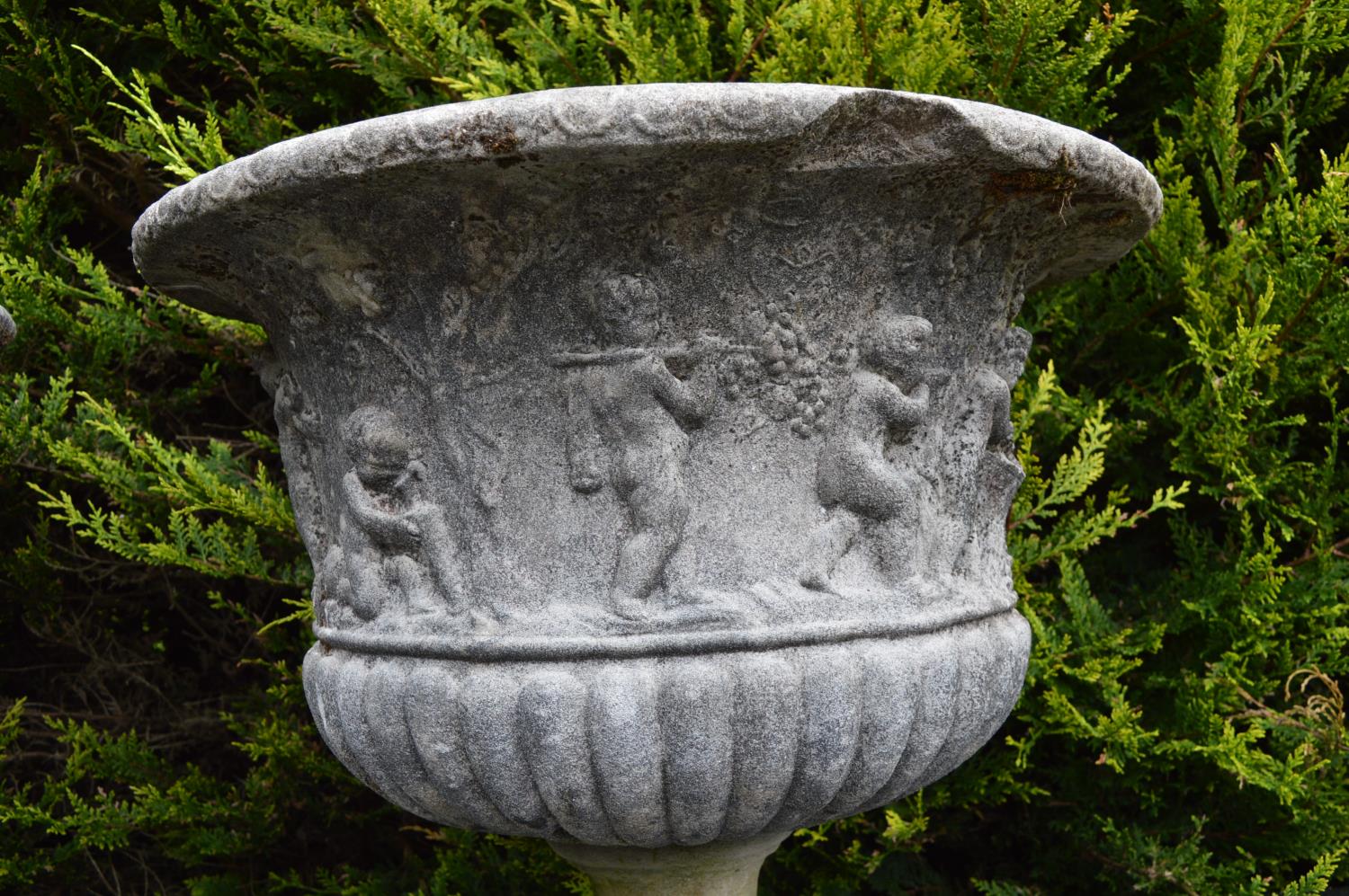 Pair of sandstone planters with figural decoration on circular bases 77W 69H - Image 4 of 6