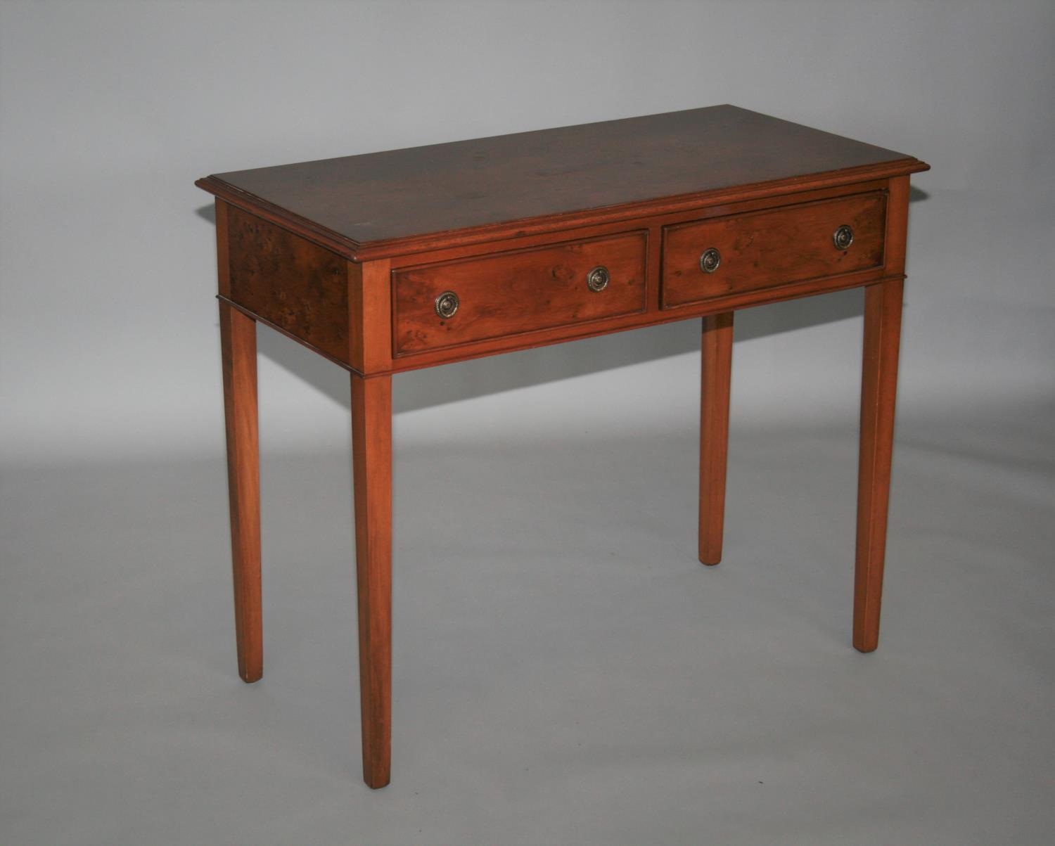 Yew wood sofa table and matching side table with two drawers 90 W x 75 H x 50 D and 90 W x 75 H x 45 - Image 2 of 3