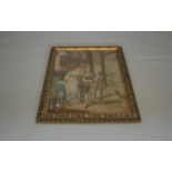 Quality tapestry, father playing with child with soldiers in the background in decorative gilt