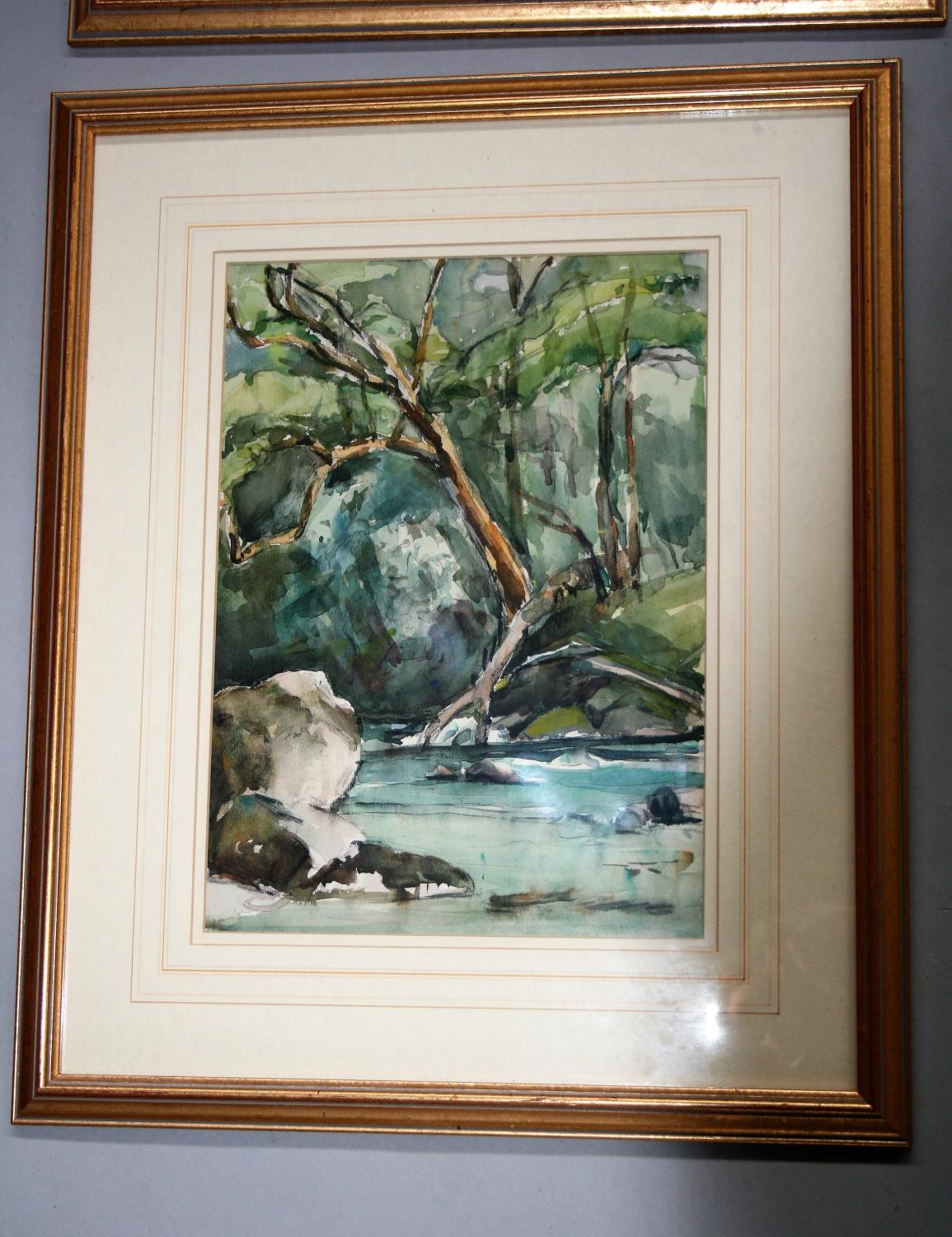 Jose Irwin two gold framed watercolours - "Hooded River Landscape" 45W x 54H and "Natural Weir" - Image 2 of 3