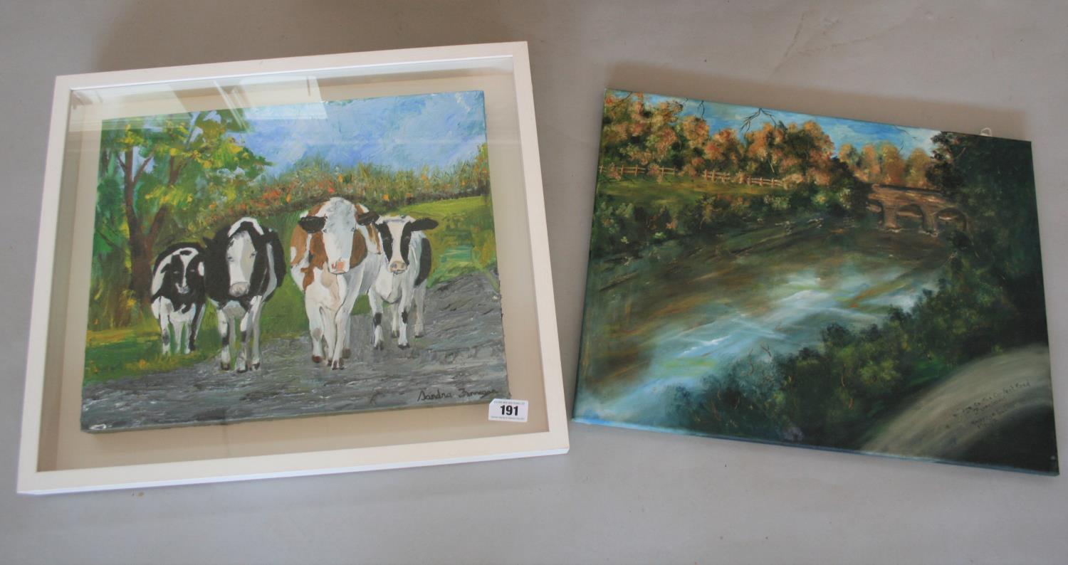 Sandra Finnegan, oil on canvas of cows and another oil on canvas. 64W x 55H