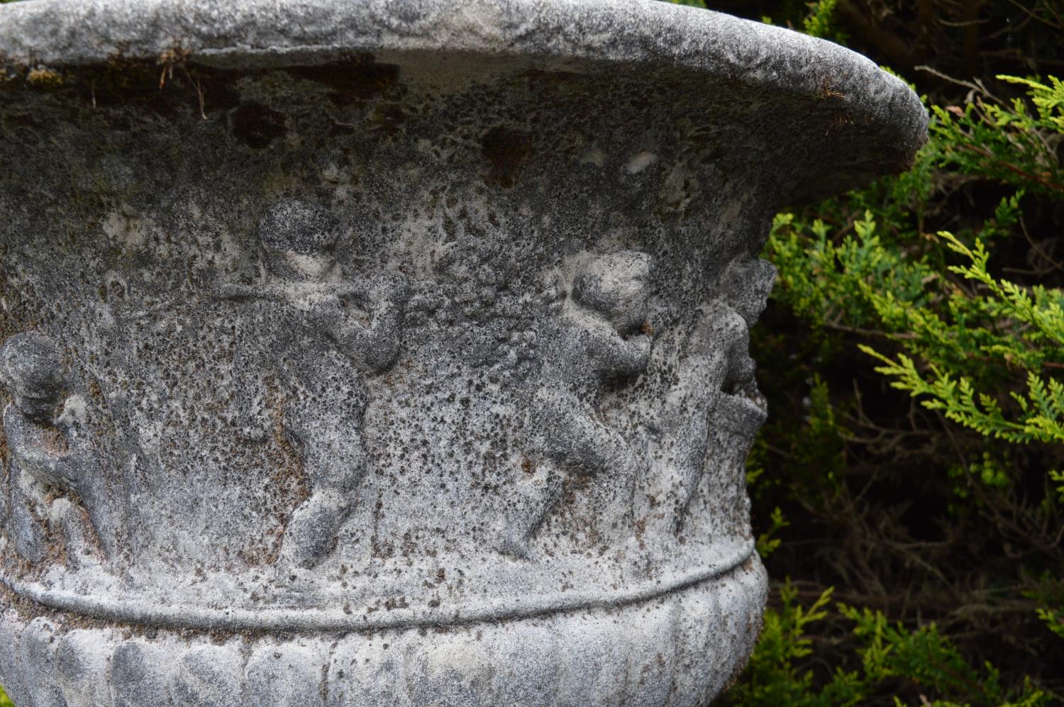 Pair of sandstone planters with figural decoration on circular bases 77W 69H - Image 6 of 6