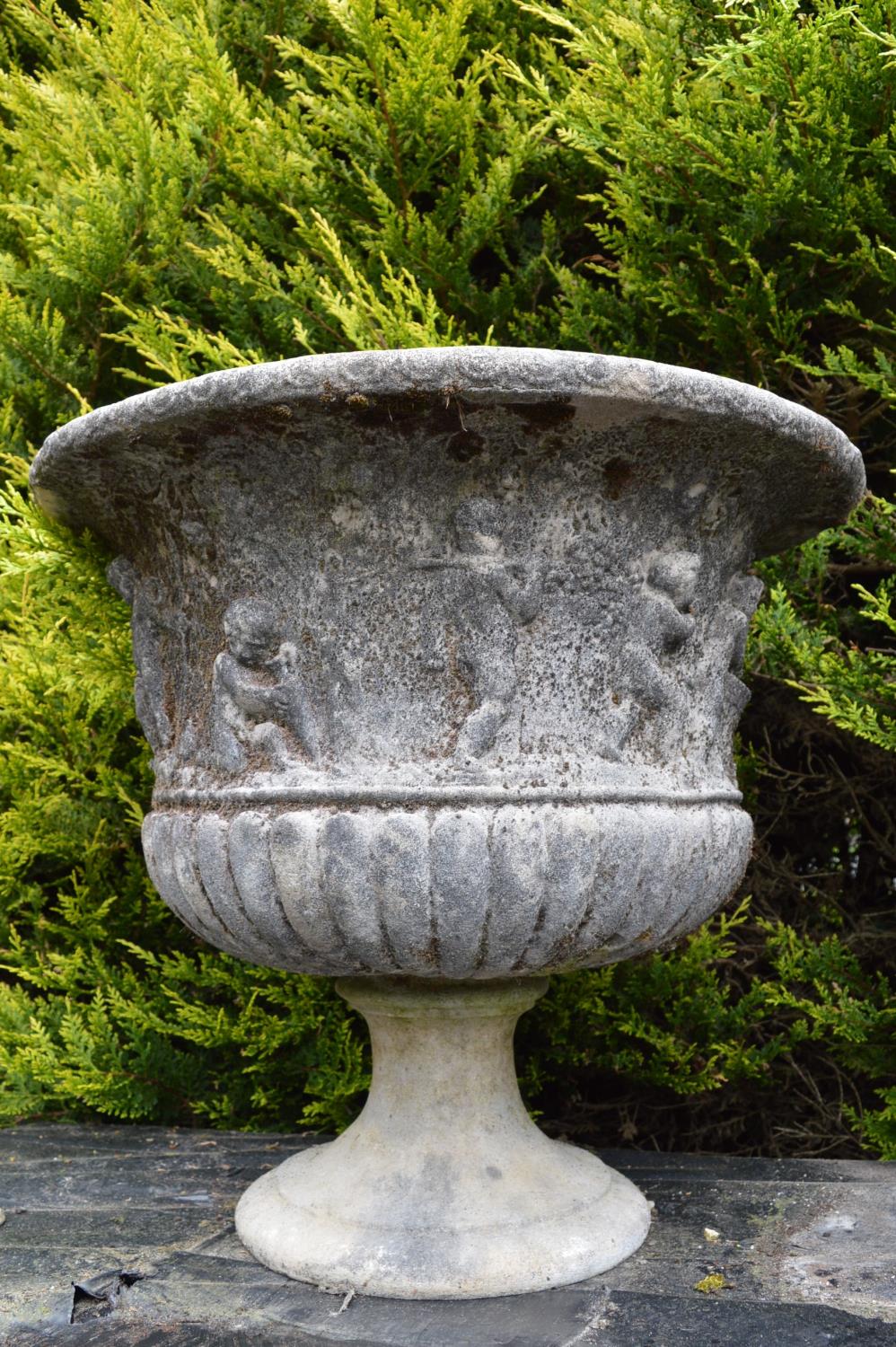 Pair of sandstone planters with figural decoration on circular bases 77W 69H - Image 2 of 6