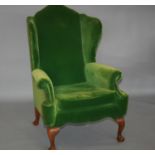 Chippendale style velvet upholstered wing back arm chair 80 W x 120 H x 75 H