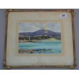 Maurice C Wilkes watercolour river and mountain scene in gilt frame. 29W x 21H