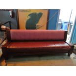 Very sturdy and stylish, leather and cloth bar seat, with mahogany frame. 253W 95H 62D.