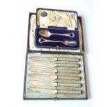 Set of six silver handled tea knives, Sheffield 1918 and Silver two piece silver christening set,