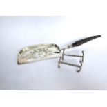 Victorian silver plated horn handle crumb tray & pr knife rests