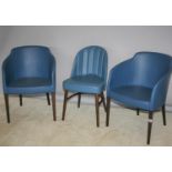 Pair of stylish blue leather upholstered tub chairs and singular ribbed back chair 23 W x 29 H x