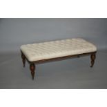 Victorian style centre stool with deep buttoned upholstered top on stained base 120 W x 40 H x 60 D