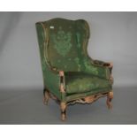 19th Century gilt and painted wing back chair with some distressing 76 W x 112 H x 80 D