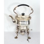 Plain rectangular silver plated kettle on stand with burner.