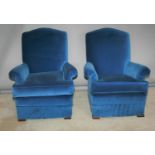 Pair of armchairs upholstered in blue velvet 85W x 105H x 85 D