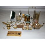 Collection of quality antique brass items, lamp, private sign etc