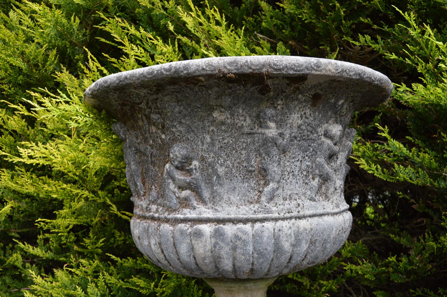 Pair of sandstone planters with figural decoration on circular bases 77W 69H - Image 3 of 6