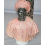 Quality marble bust of a robed gentleman in head dress. 60W x 80H x 30 D