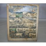 Quirky collage of historical prints on canvas background. 92W x 115H