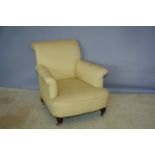 Edwardian upholstered occasional armchair on brass casters 75 W x 80 H x 90 D