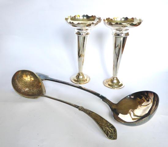 Pair of plain taper design silver plated vases, fiddle pattern Victorian soup ladle and another with