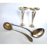Pair of plain taper design silver plated vases, fiddle pattern Victorian soup ladle and another with