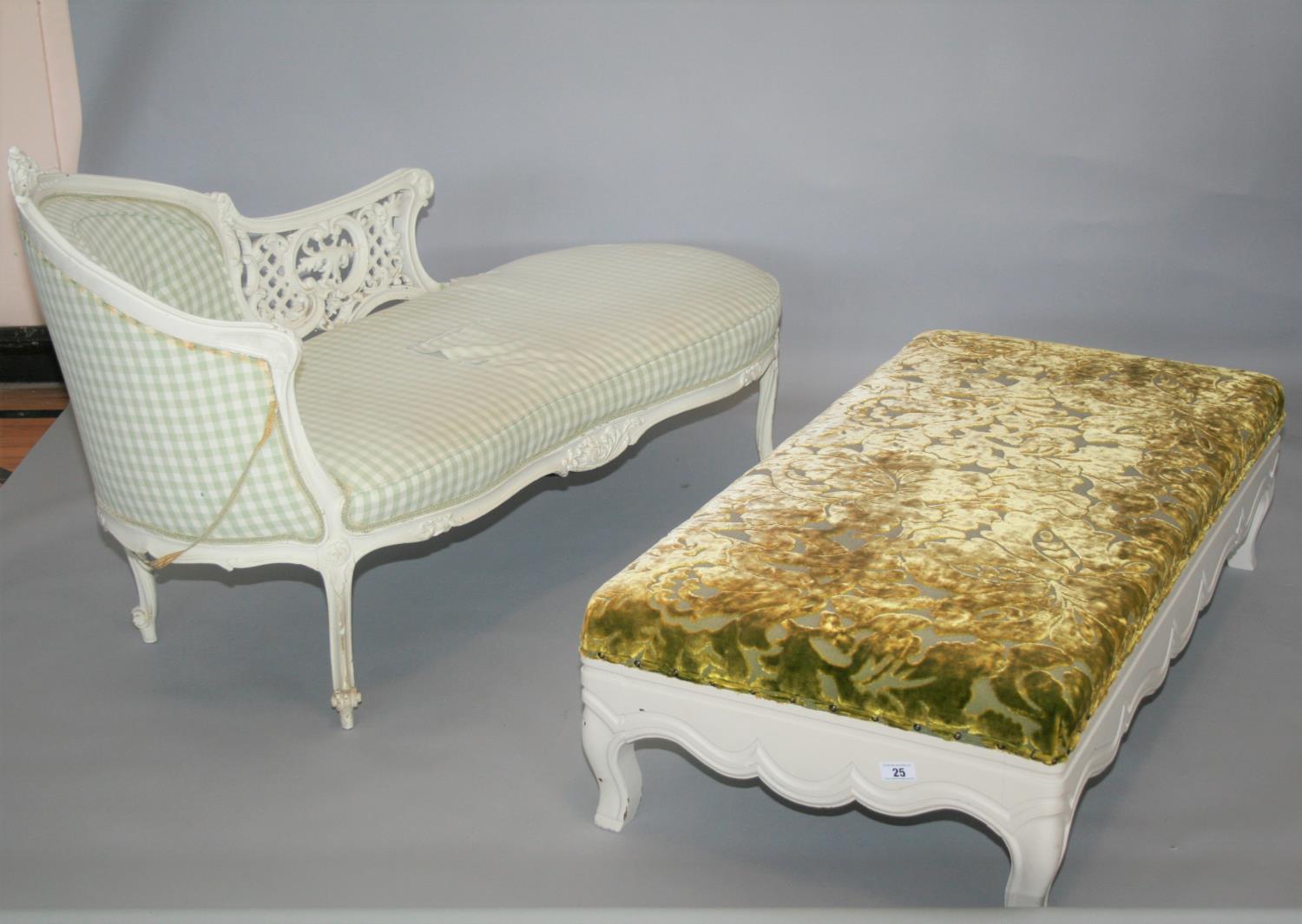 Antique painted French style chaise longue and upholstered top centre stool 150 W x 80 H x 60 D